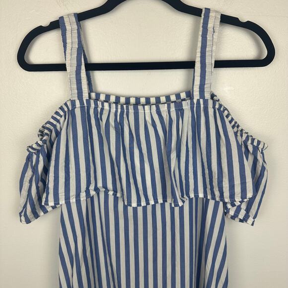 Anthropologie Whit Two Womens Ruffle Off The Shoulder Blue/White Striped Dress - Picture 5 of 8